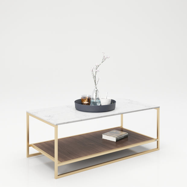PLAYBOY - Couchtisch "OLIVIA" mit 1 Ablage im Walnuss Dekor, Tischplatte in Marmor Optik, goldenes Metallgestell,Couchtisch - playboy