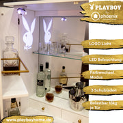 PLAYBOY - Bar "BRANDI" mit viel Stauraum, Spiegel-Rückwand, LED Beleuchtung, in Gold mit Weiss,Bar - playboy