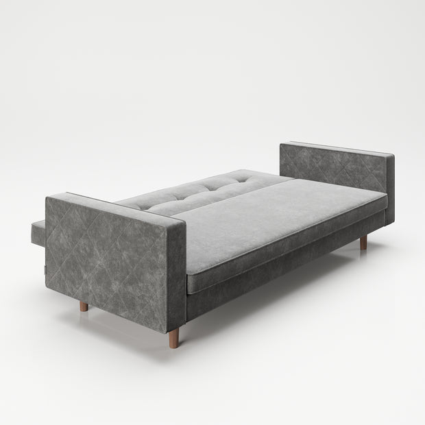 PLAYBOY - Sofa "SHIRLEY" gepolsterte Couch mit Bettfunktion, Samtstoff in Grau mit Massivholzfüsse, Retro-Design,Sofas & Ottomane - playboy