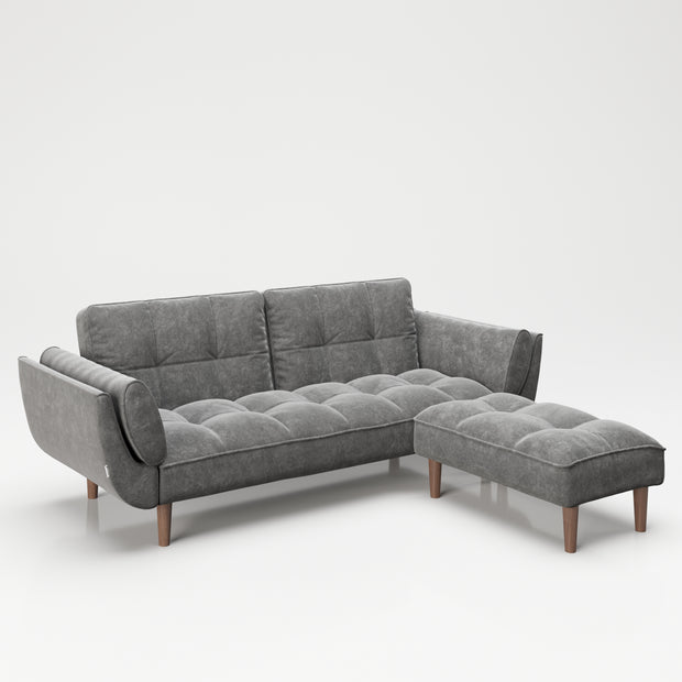 PLAYBOY - SET Sofa mit Fussablage "SCARLETT" gepolsterte Couch mit Bettfunktion, Samtstoff in Grau mit Massivholzfüsse, Retro-Design,Sofas & Ottomane - playboy