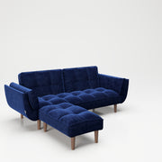 PLAYBOY - SET Sofa mit Fussablage "SCARLETT" gepolsterte Couch mit Bettfunktion, Samtstoff in Blau mit Massivholzfüsse, Retro-Design,Sofas & Ottomane - playboy