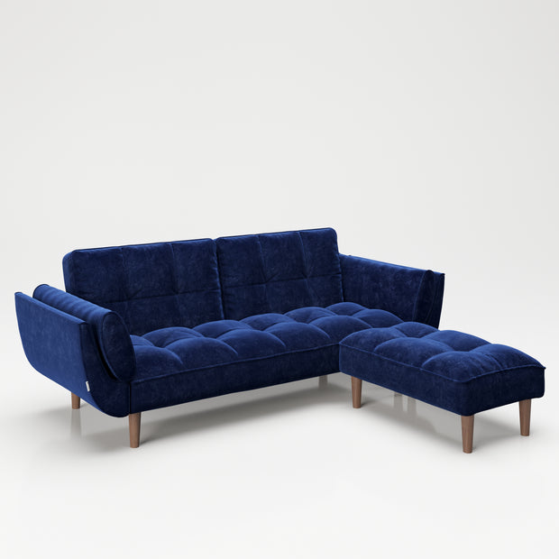 PLAYBOY - SET Sofa mit Fussablage "SCARLETT" gepolsterte Couch mit Bettfunktion, Samtstoff in Blau mit Massivholzfüsse, Retro-Design,Sofas & Ottomane - playboy