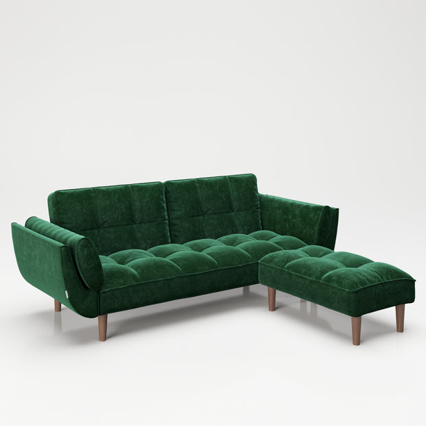 PLAYBOY - SET Sofa mit Fussablage "SCARLETT" gepolsterte Couch mit Bettfunktion, Samtstoff in Grün mit Massivholzfüsse, Retro-Design,Sofas & Ottomane - playboy