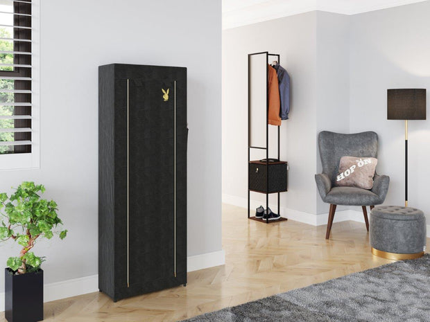 PLAYBOY - Garderobe "MARLENE" mit Spiegelfront, 3 offenen Ablagen und 1 Kleiderstange, Schwarz mit Walnuss Dekor,Regale & Raumteiler - playboy