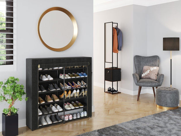 PLAYBOY - Garderobe "MARLENE" mit Spiegelfront, 3 offenen Ablagen und 1 Kleiderstange, Schwarz mit Walnuss Dekor,Regale & Raumteiler - playboy